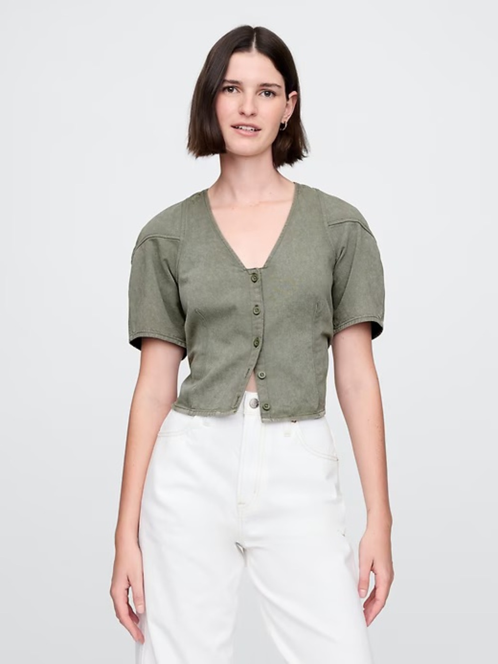 Barrel sleeve denim top